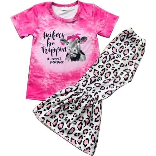 High quality new baby girls baby dress with pink silk print short sleeves and leopard flared pants set 20