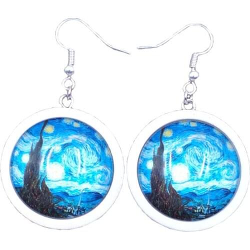 8 Styles Log Wood Wooden Time Gem Famous Paintings Van Gogh Cool Classic Women Female Girl Drop Earrings Jewelry AL049-056