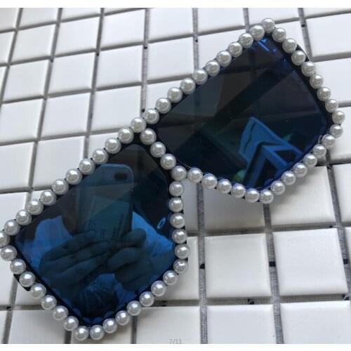 Handmade Pearl Women Men Sunglasses Large Bule Mirror Lens Shades UV400 Eyewear Oversized Sun Glasses Diamond Eyeglass Oculos de