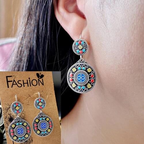 Womens MultiColor Teardrop Stone Beads Round Earrings Classic Ladies Vintage Bohemia Drop Earrings Ethnic Tribe Indian Jewelry