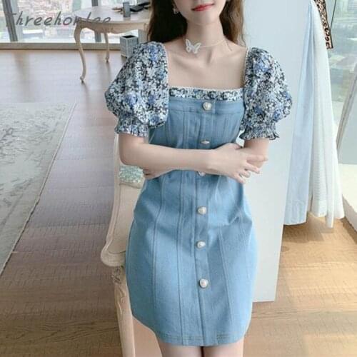 2021 Summer High Quality Fashion Korean New One Shoulder Retro Waist Slim Floral Shirt Patchwork Micro Elastic Denim Dress