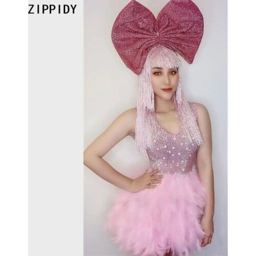 Backless Pink Full Stones Feather V-collar Dress Red Bow Prom Birthday Celebrate Outfit Women Dance Show Short Dress