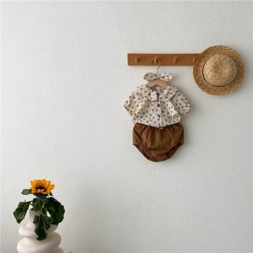 3pcs Summer Korean Baby Girls Clothing Set Floral Doll Collar Shirt+Solid Color Shorts+Bow Headband Cute Sweet Clothes Outfits