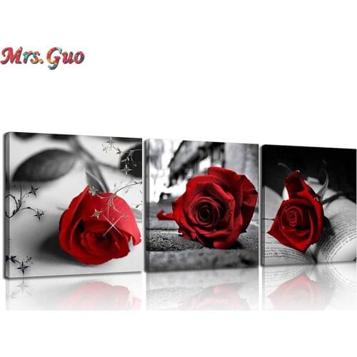 3 Pcs Black and White Red Rose Diamond Painting Abstract Flower Diamond Mosaic Decorations Flower Triptych Cross Stitch Picture