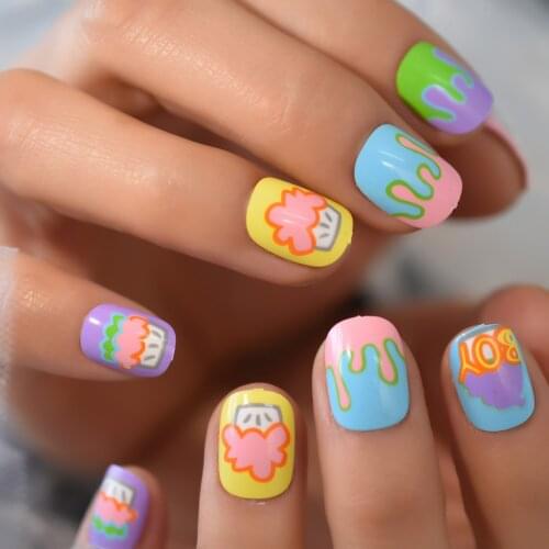 Short Colorful Press On Nails Summer Ice Cream Round Fake Nail Art Tips Reusable Full Cover Fingernails