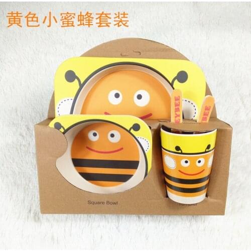 5Pcs Baby Bamboo Fiber Bowl Spoon Fork Feeding Food Tableware Set Cartoon Animal Bee Kid Dishes Bamboo Feeding Bowl Dinner Plate
