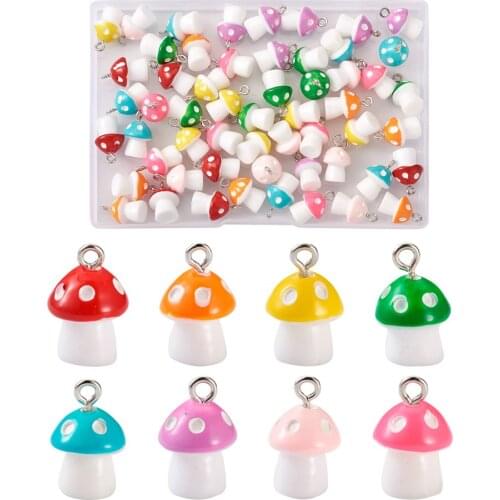 64pcs/Box Plastic Mushroom Pendants for Necklace Bracelet Earrings Keychain DIY Craft Jewelry Making Accessories 17.5x11.5x12mm
