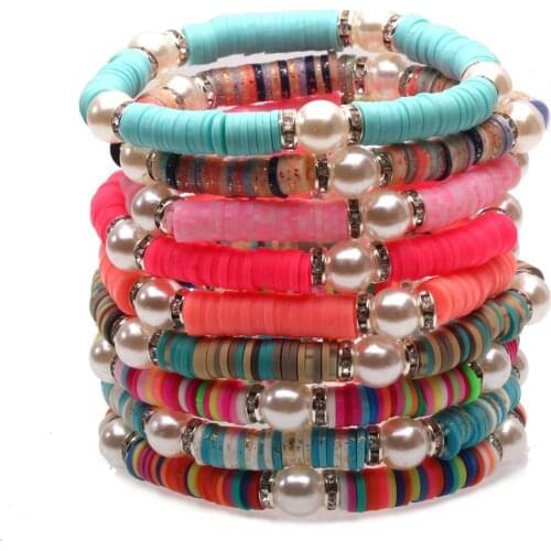 Boho Multicolored Polymer Clay Heishi Beads ABS olivet Stretch Bracelet Women Girl 2020 New Fashion Elastic String Surf Jewelry