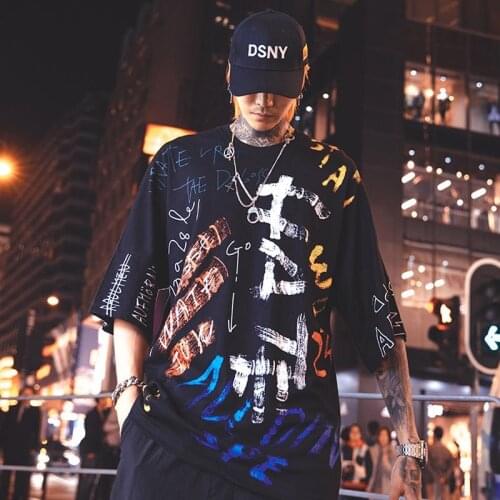 Black Loose Hip Hop T Shirt Men Harajuku Tops Streetwear Casual Half Sleeve Funny Tops Summer Cool High Street Tshirts Males