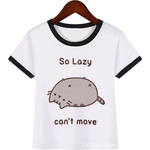 Cute Lazy Cat Cartoon Print T-Shirt for Girls Funny Baby Kids Tshirt Unisex Tees Summer White Boy Clothes Summer Children Tops