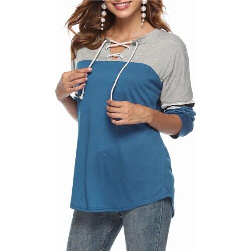 Patchwork Women Hit Color T Shirt Lace Up V Neck Long Sleeves Contrast Color Tee Tops New Autumn Winter Casual Famale Bluas Tops