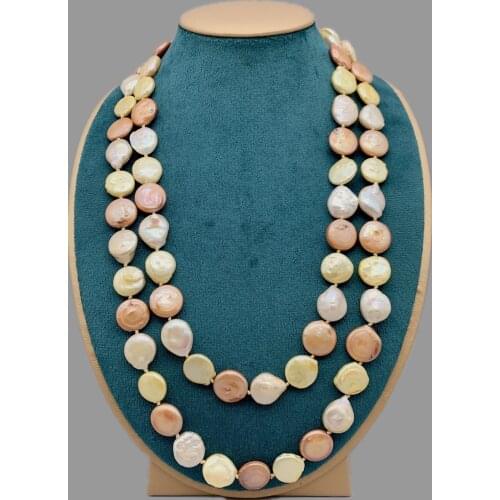 FoLisaUnique 13-14mm Yellow Pink Orange Freshwater Coin Pearls Necklace For Women Birthday Gift Long Necklace Trendy Jewelry