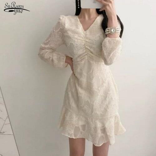 Korean Chic Puff Long Sleeve Ruffled Solid Dress Spring V-neck Tassel Dress Pleated Elegant Slim Waist Dresses for Women 13270
