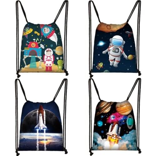 Spaceship / Astronaut Drawstring Bag Boys Girls Travel Bags Space Shuttle Women Men Backpack Canvas Storage Bag Kids Bookbag