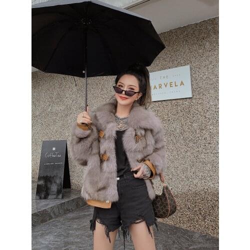 RosEvans 2020 Ins Autumn and Winter New Patcchwork Sheepskin Real Fox Fur Coat Women Bat Sleeved Parka Real Fur Jacket Laides