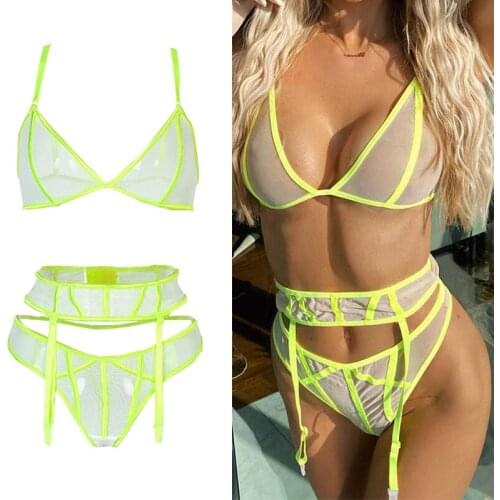 2PCS Fashion Summer Lace Lingerie Set Green Womens V-Neck Seamless Transparent Bra Thong for Swimming Bikini Underwear