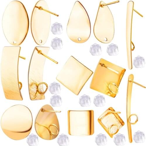 14pcs Gold Plated Stud Earrings Set Earring Post Studs Round Oval Rectangle Square Earring with Loop Hole,Clear Earring Backs