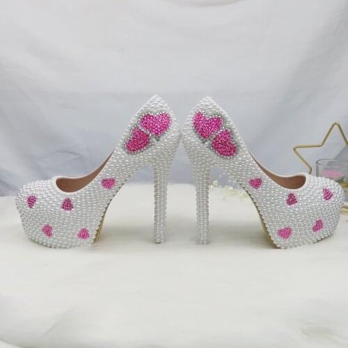 BaoYaFang New White pearl Beads Womens Wedding shoes Bride High heels party dress High platform shoes and bag set Lovers Heart