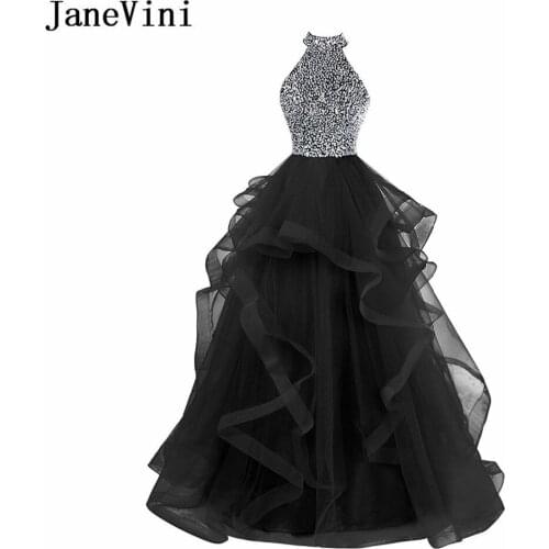 JaneVini Charming Black Tulle Sequins Beaded Long Bridesmaid Dresses A Line Halter Backless Floor Length Women Formal Prom Gowns
