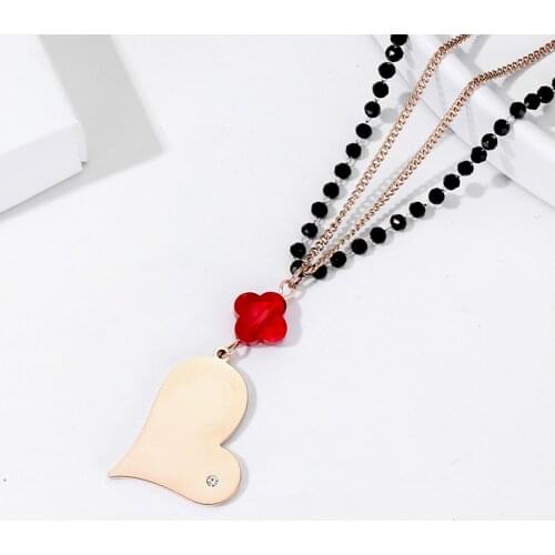 Stainless Steel Long Heart Love Pendant Necklace For Women Black Beads Red Four-leaf clover Crystal Necklace New Fashion Jewelry