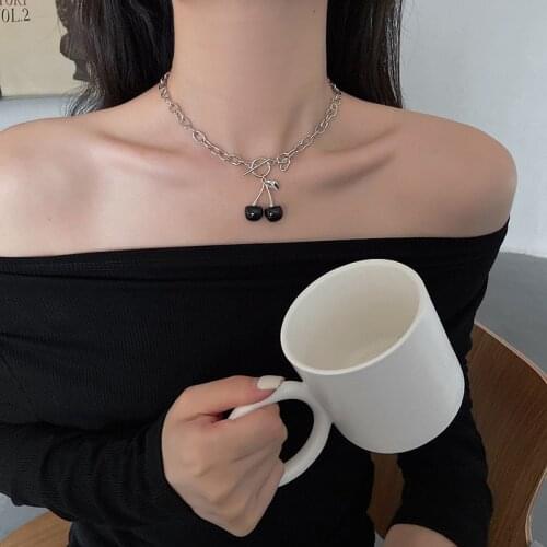 Trendy Black Cherry Clavicle Chain Necklace for Women Charms Silver Color Hollow Geometric Party Jewelry Accessories Wholesale
