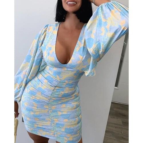Dress Women Floral Pattern Print Lantern Sleeve Ruched Bodycon Dress Sexy Party Dress for Women