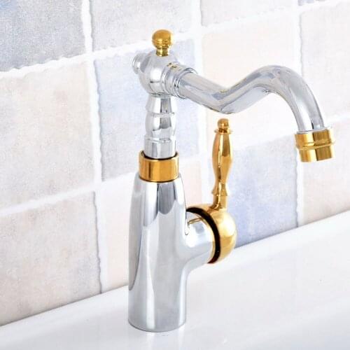 Polished Chrome & Gold Color Brass Swivel Single Handle Kitchen Wet Bar Bathroom Vessel Sink Faucet Mixer Tap One Hole asf816