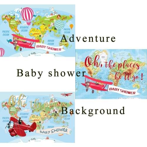 Adventure Theme Baby Shower Backdrop The Places he'll Go Airplane Birthday Party Vintage World Map Background Banner Decorations