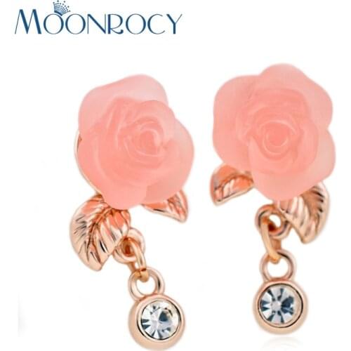 MOONROCY Rose Gold Color CZ Crystal Fashion Jewelry Wholesale Pink Rose Flower Earrings For Women Girl Gift Dropshipping