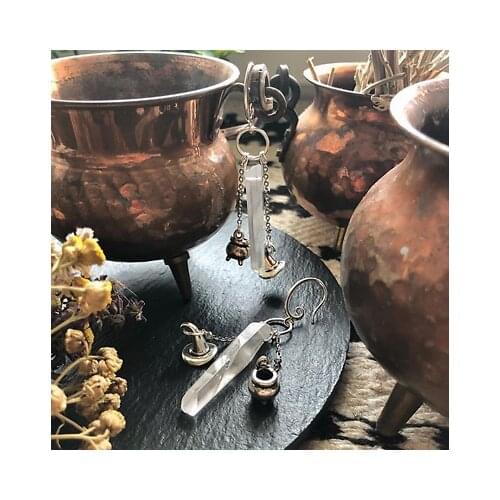 Witchy earrings with quartz crystal, witch hat and cauldron Goth- Jewelry-Witchy