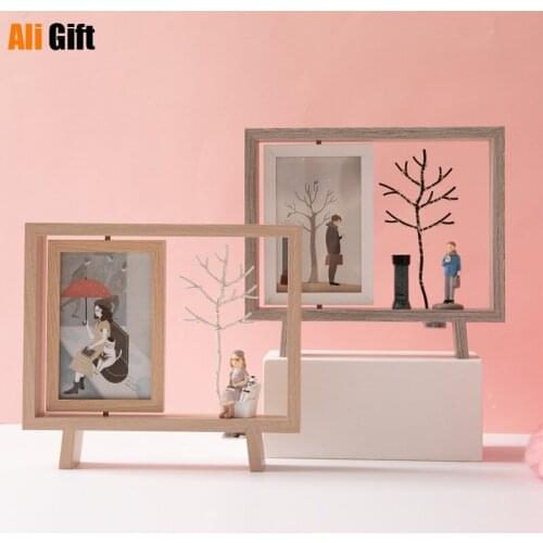 Creative 6 inch Wooden Photo Frame With LED Light Couple Rotating Desktop Decoration Picture Frames Ornament