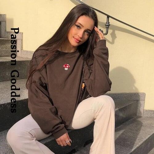 Vintage Cute Women Indie Aesthetic 90s Sweatshirts Mushroom Embroidery Brown Hoodies Oversized Pullover Crewneck Sweatshirt Tops