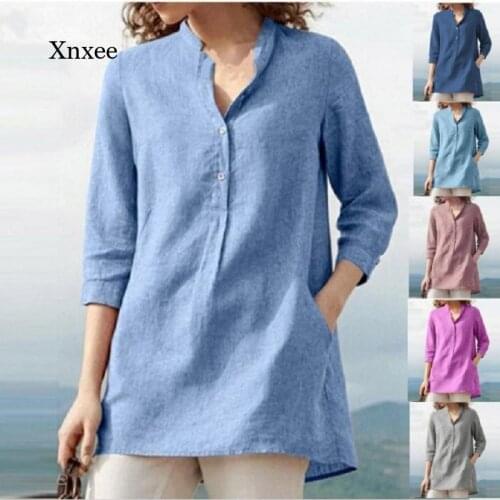Spring Summer Women V Neck Solid Blouses Linen Tops Leisure White Shirts 3/4 Sleeve Button Pullover Loose Cotton Casual Clothing
