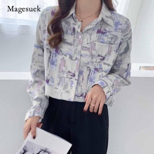 Korean Fashion Painting Printed Chiffon Blouse Autumn New Vintage Long Sleeve Womens Blouse Single Breasted Shirts Women 11139