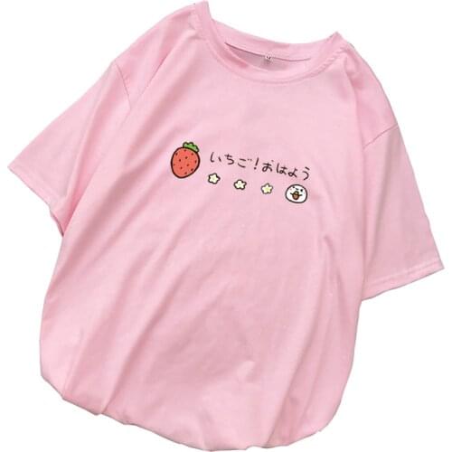 Women Strawberry Print T Shirts Summer Short Sleeve Tops Ladies Casual Streetwear Harajuku Tumblr Kawaii Cartoon Tee Shirt Femme