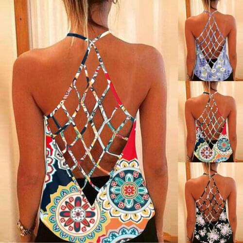 Womens Sunflower Print Solid Color Vest O-Neck Sleeveless Sexy Blouse Vest Fashion Tank Top Hollow Open Back Loose Tops S-2XL