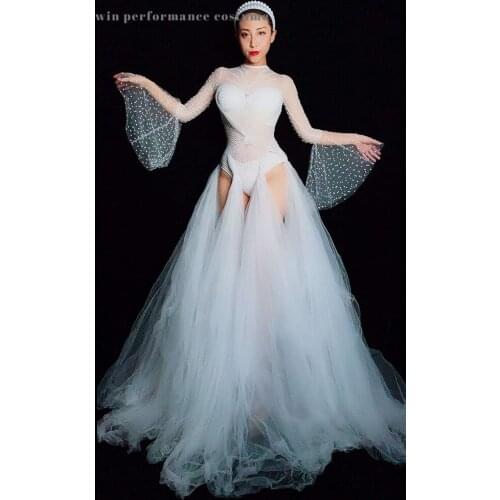 Wedding party trumpet sleeve long mesh trailing mesh crystal white perspective club show dance costume pearls costume