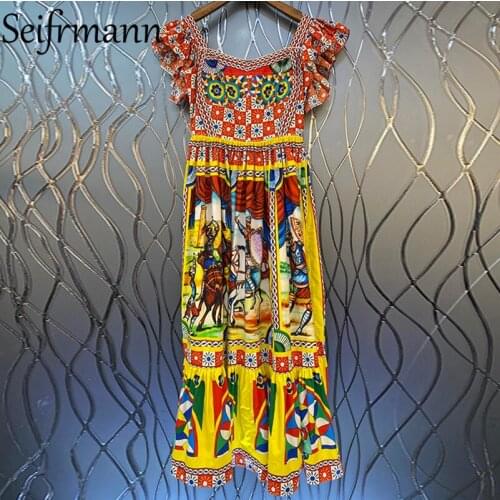 Seifrmann New 2021 Summer Women Fashion Designer Cotton Long Dress Butterfly Sleeve High Waist Vintage Printed Mermaid Dresses