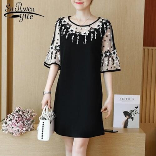 Office Lady O-Neck Black Dress Women Dress Spring New Straight Patchwork Lace Dress Elegant Half Flare Sleeve Plus Size 2724
