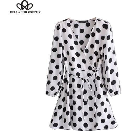 Bella philosophy 2018 spring dot printed women dress long sleeve v-neck wrapped female vestidos casual chiffon dress