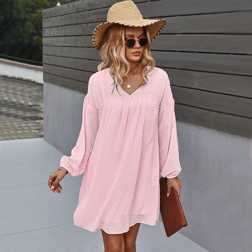 Sweet Pink Solid Women Long Sleeve Casual Autumn Dress Deep V Neck Long Sleeve Swing Ladies Chic Chiffon Dresses 2021