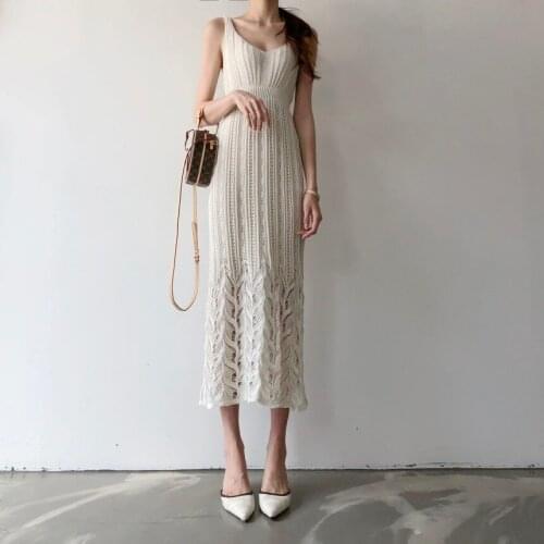 2020 New Runway Knitted Women Fashion Hollow Out dresses Sweater Knitting Sleeveless Casual Maxi Long Elastic Dress Vestidoes