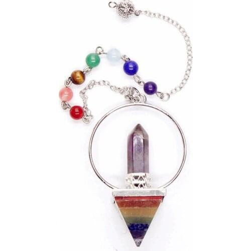 100-Unique Silver Plated Amethysts Hexagon Rainbow Pyramid Stone Pendulum Pendant With Chakra Chain Amulet Jewelry