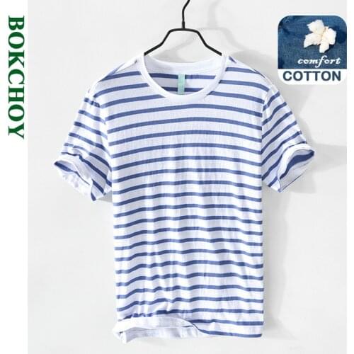 2021 Spring and Summer New Men Cotton Casual Striped Round Neck Short Sleeve T-Shirt Workwear Blue Yellow Top GA-Z556