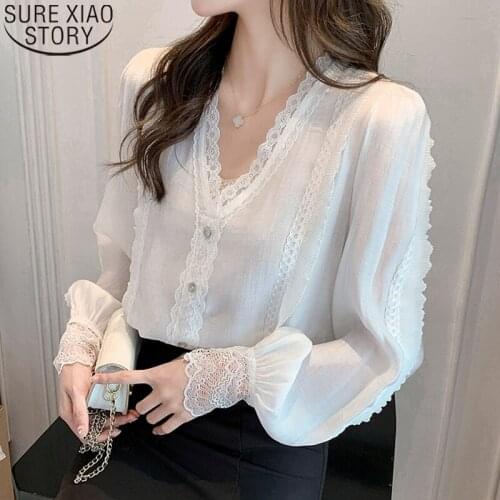 2021 Sweet V-neck Chiffon Blouse with Lace Spliced Shirts Women Tops Autumn New Fashion Long Sleeve Blouse Blusa Mujer 17128