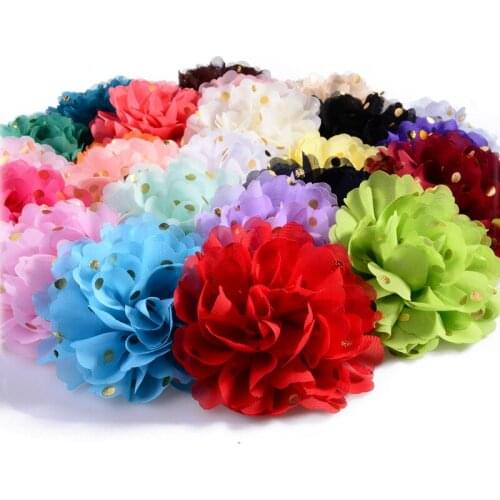 60PCS 10CM Fashion Chiffon Flowers with Gold Dot For Headbands Fabric Flowers For Hairpins