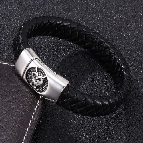 Charm Bracelets For Men Fashion Owl Stainless Steel Magnetic Buckle Leather Bracelet Bangles Party Wristbands Jewelry S0262