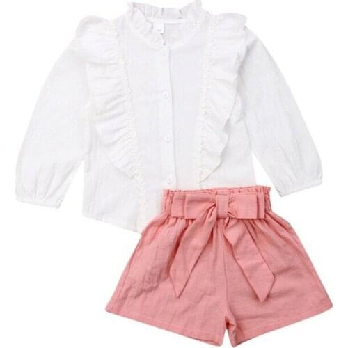 Female Children Clothing Girl Summer Set Infantil Girls Kids Ruffles Long Sleeve Blouse +Shorts Suit Toddler Girl Clothing Sets