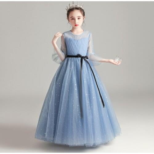 Flower Girl Dresses Luxury Three Quarter Illusion Sequined Pleat Sashes Princess Floor-Length Tulle O-Neck Kids Party Gown H212