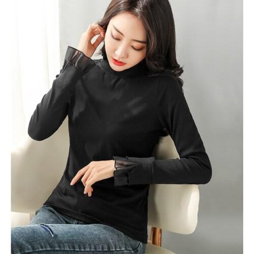 Half High Collar Bottoming Shirt With Wooden Ear Edge Fall 2020 Long Sleeve T-shirt Stitching Mesh Trumpet Sleeve Foreign Style